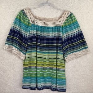 Hannah‎ Blue and Green Short Sleeve Blouse Crotchet Detail Boho Large